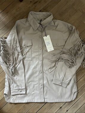 B COATURE  Fringed Leather Shirt Jacket - Cream